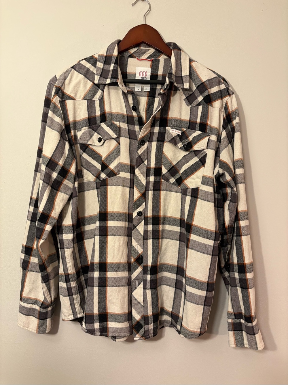 Topo Designs Cream Plaid Western Flannel Shirt — Men's L 🏔️